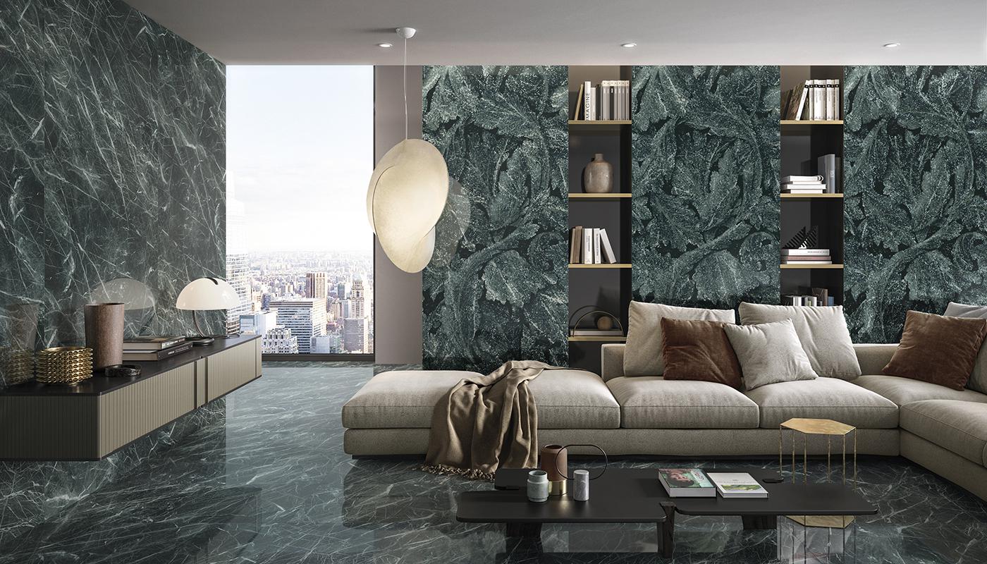 Elegant living room with Emil Ceramica Tele Di Marmo Revolution porcelain tile collection, featuring marble-effect walls and flooring, modern furniture, and cityscape view.