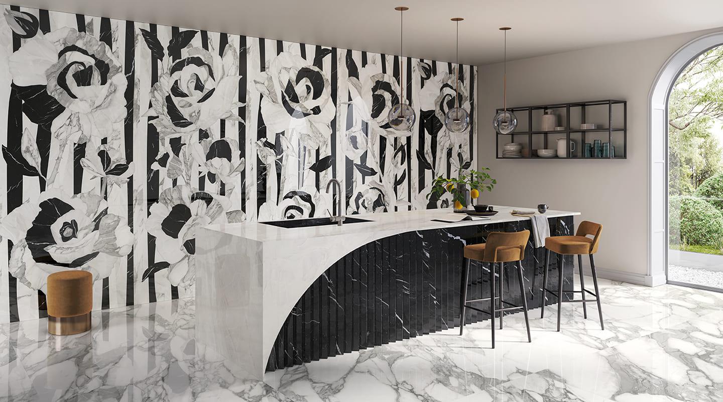 Modern kitchen with Emil Ceramica Tele Di Marmo Selection porcelain tiles featuring black and white marble patterns on wall and floor, elegant bar stools, and stylish pendant lights