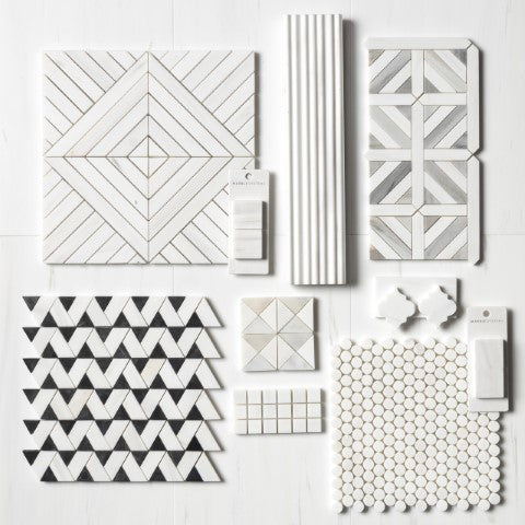 a collage of different natural stone product types including tile, mosaics, moldings, wall tiles and deco pieces