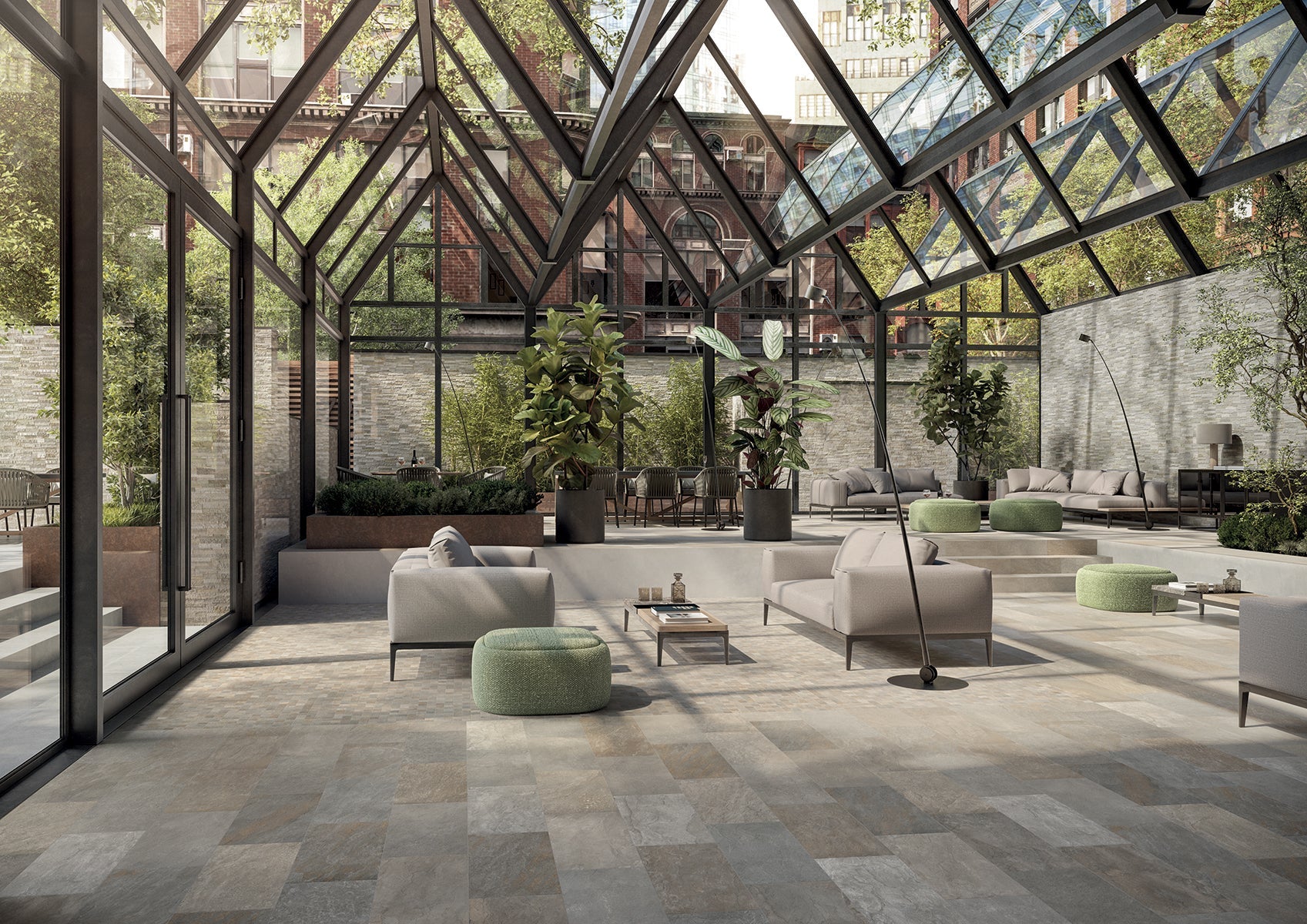Porcelain tile collection from Surface Group featuring bluestone-inspired design in a modern conservatory setting with ample natural light and stylish furniture.