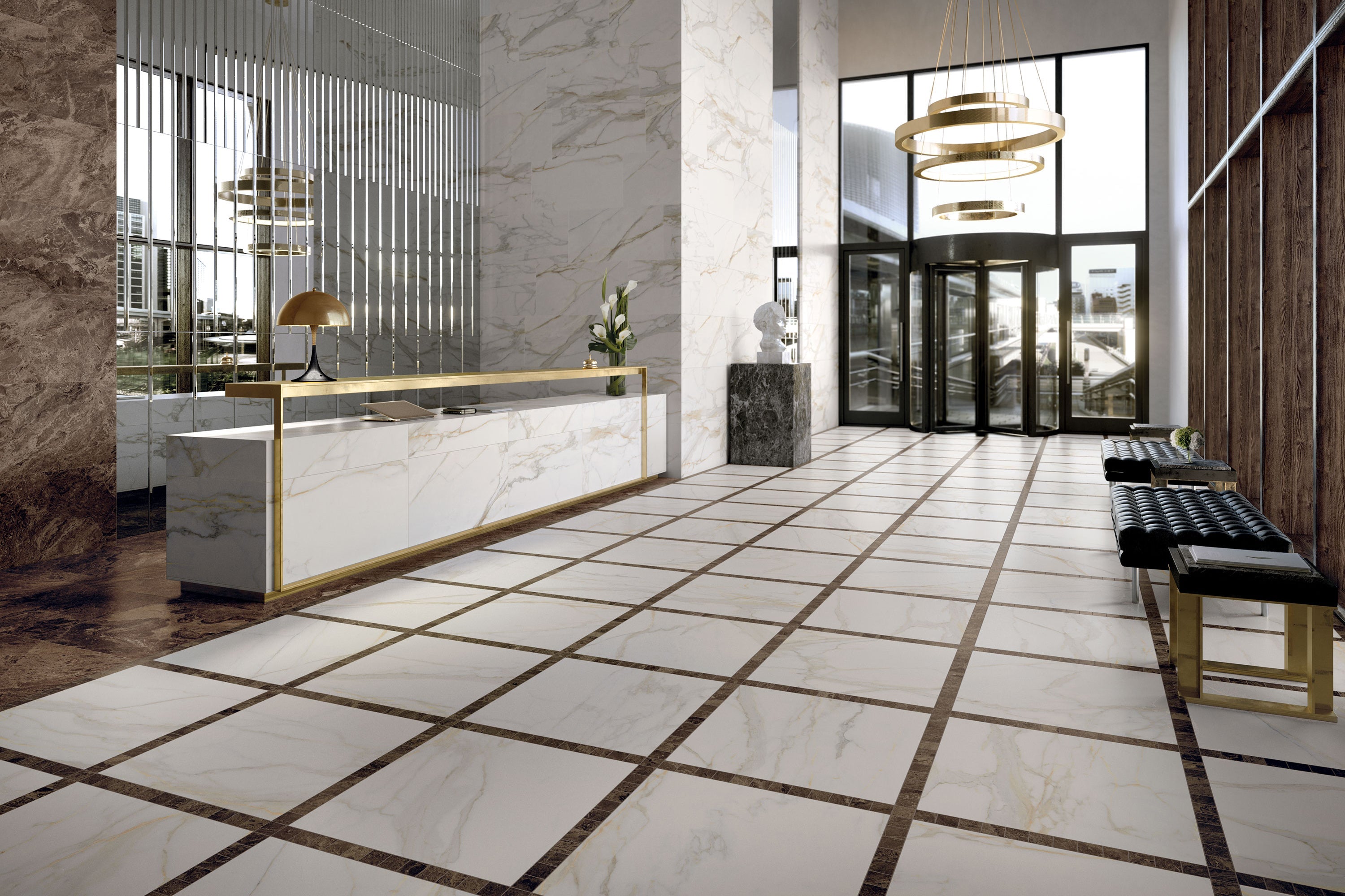 Luxurious Charme porcelain tile collection by Surface Group showcased in a modern bathroom setting with marble effect and gold accents.