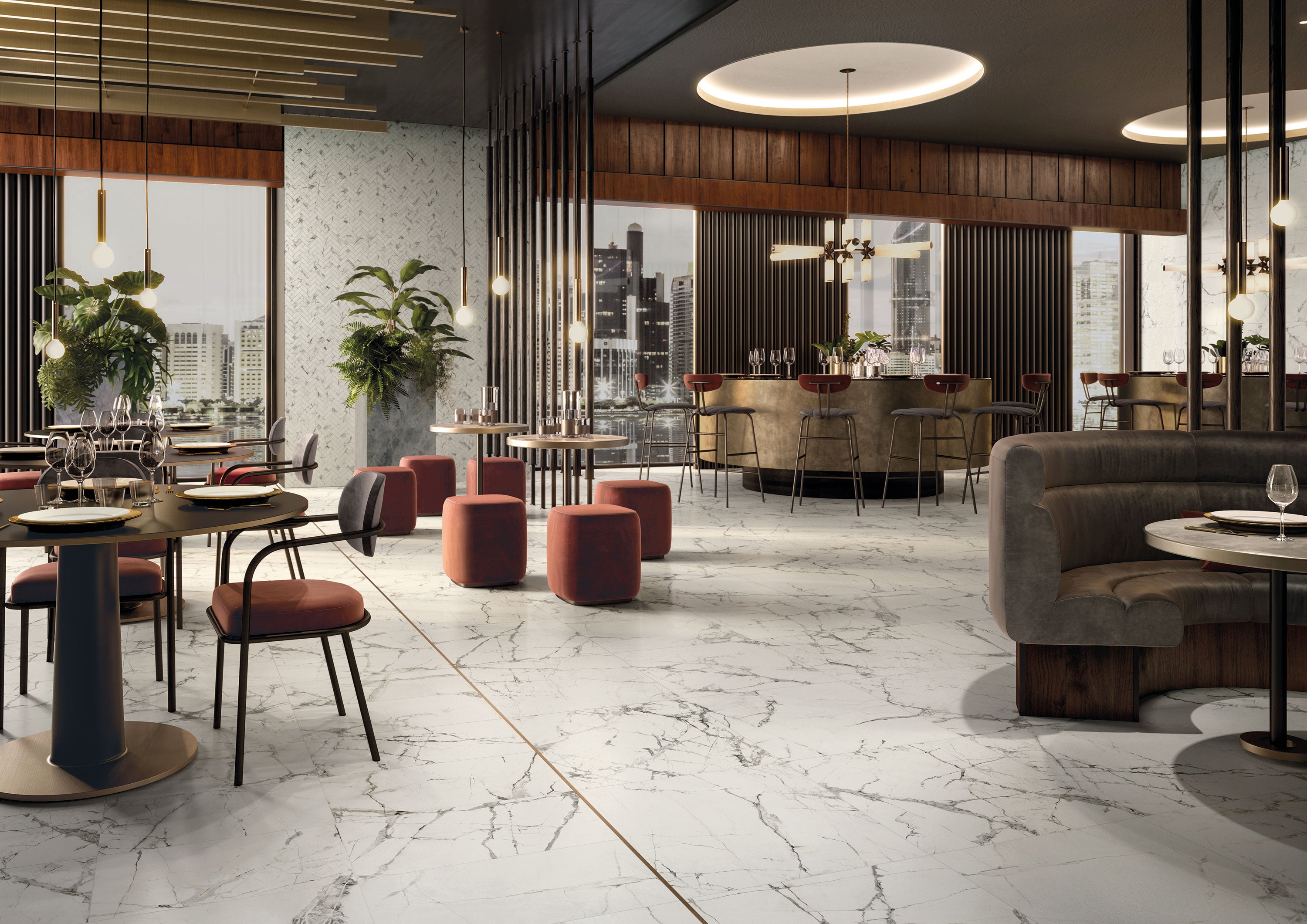 Luxurious Charme Evo porcelain tile collection by Surface Group showcased in a modern restaurant interior with marble effect, elegant furniture, and cityscape view.