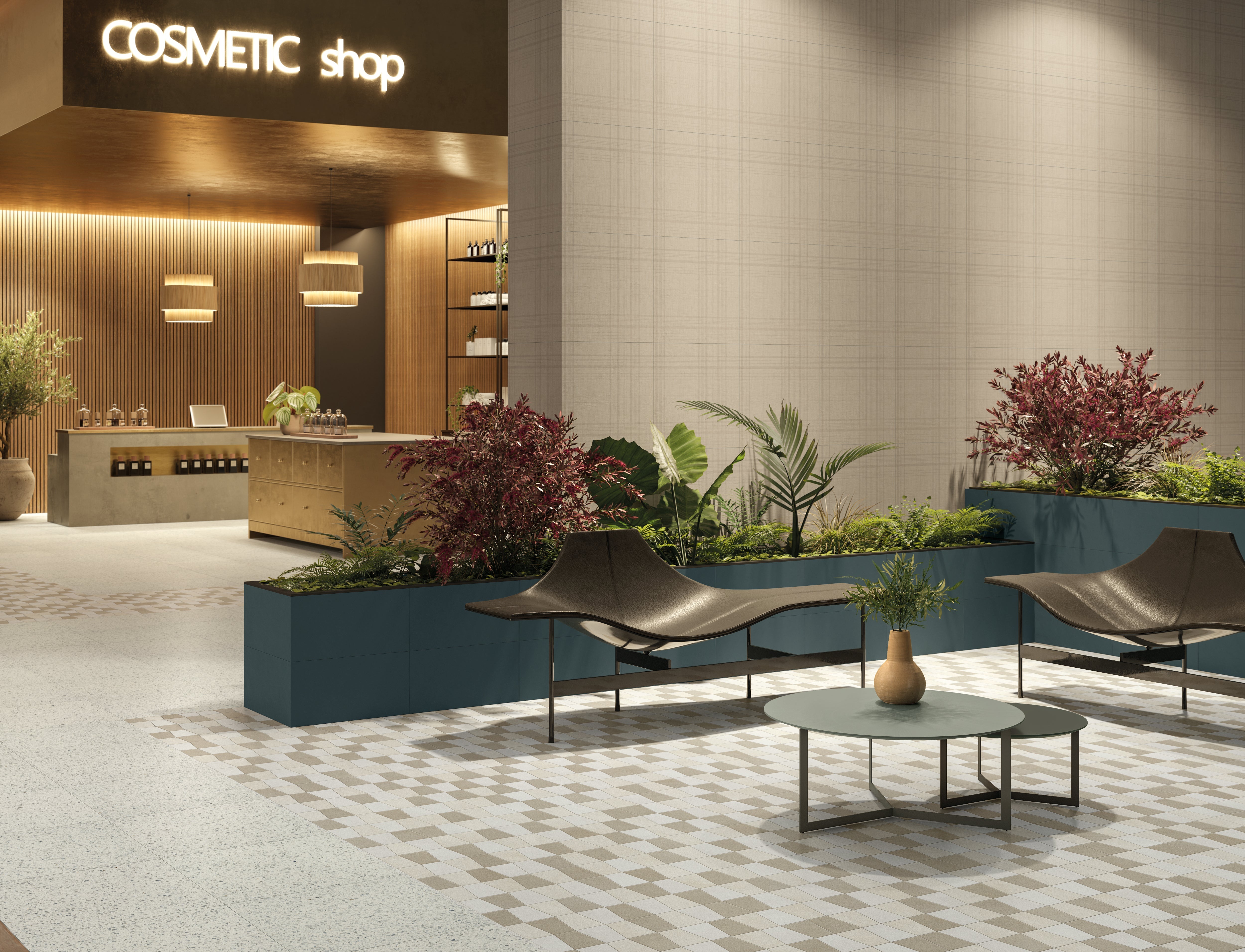 Elite porcelain tile collection in a modern cosmetic shop interior with patterned floor, beige wall tiles, stylish seating, and lush indoor plants.