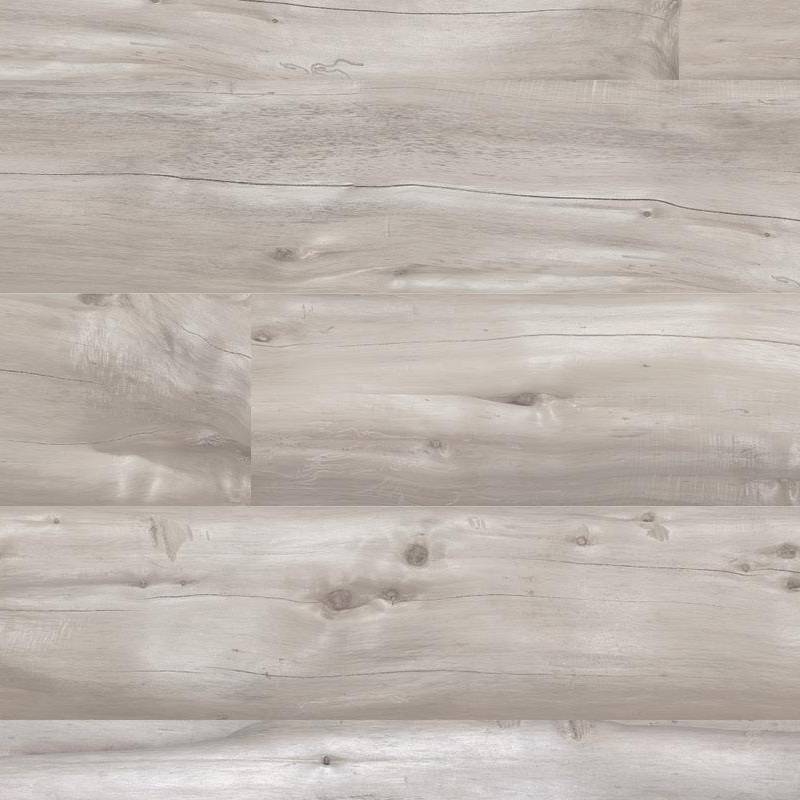A porcelain tile with a textured wood grain design in muted gray tones, resembling weathered grey ash wood. The tile pattern features lines that imitate the look of layered wooden planks.