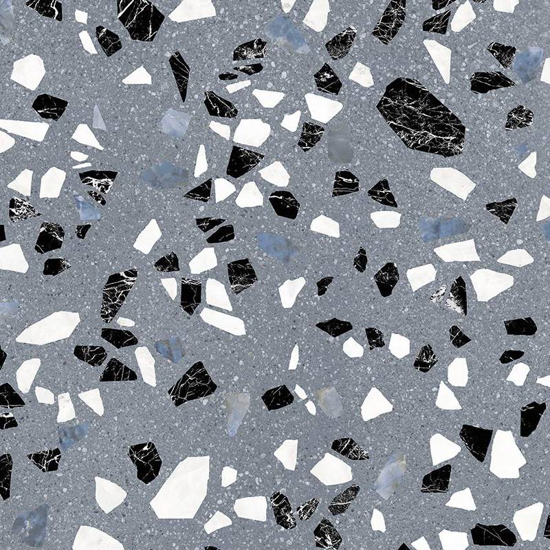 A close-up of a porcelain tile featuring a terrazzo design with a gray base color speckled with various-sized pieces of blue, black, and white aggregates.