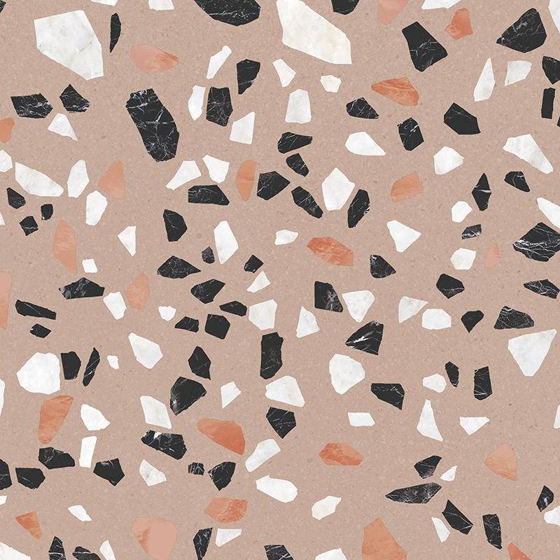 A porcelain tile with a terrazzo pattern featuring beige as the base color, along with scattered fragments of black, white, and shades of pink and orange.