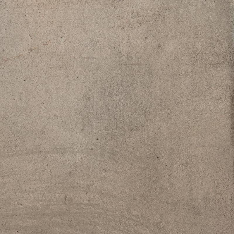 A close-up view of a textured porcelain tile with a blend of light to medium gray tones, subtle streaks, and speckled details, emulating a natural stone look.