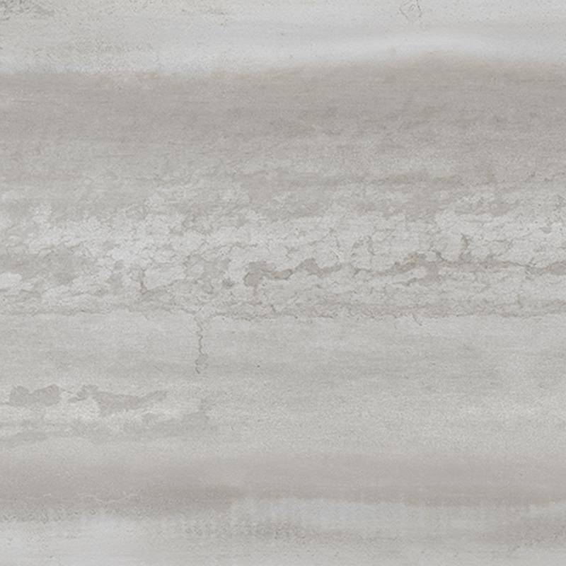 A close-up of a porcelain tile with a textured surface resembling weathered paint or a patina effect, in a palette of muted grays with subtle hints of beige and cream. |