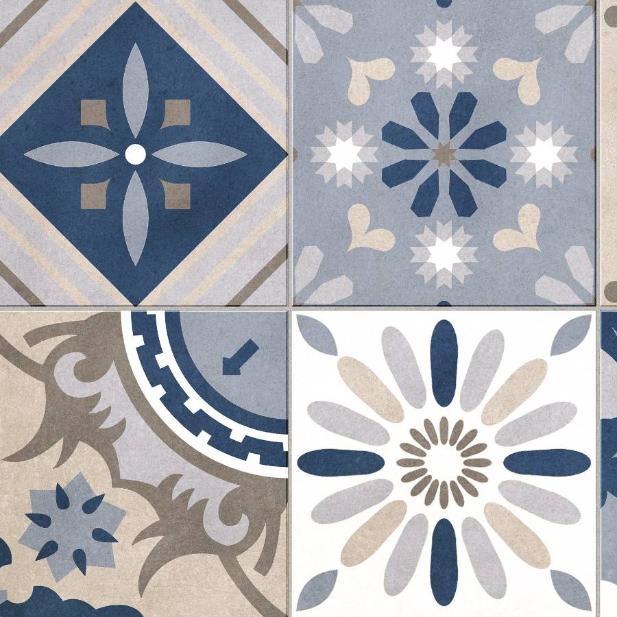 Porcelain tile with blue and beige pattern design from Surface Group.