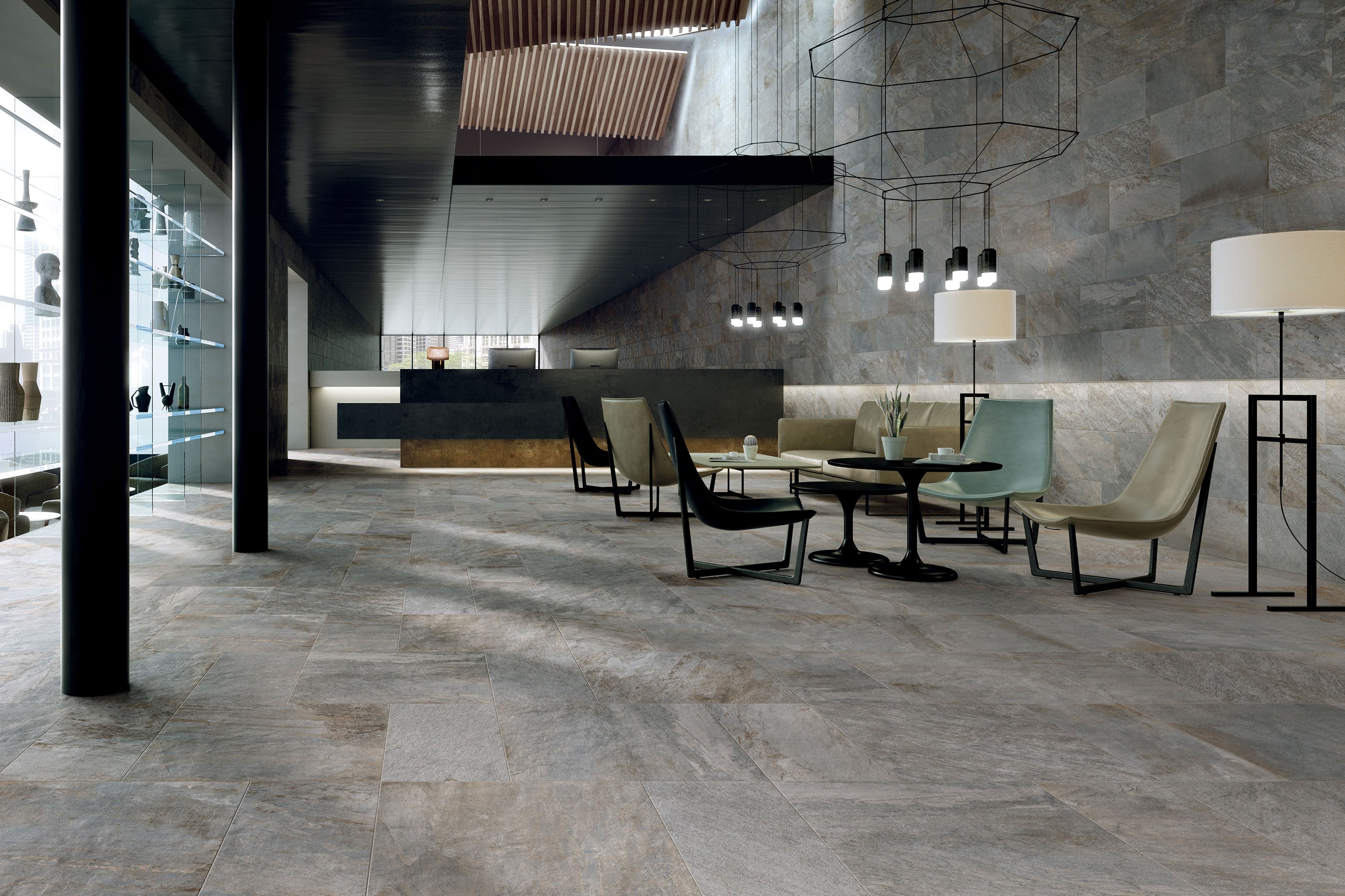 Porcelain tile collection from Surface Group featuring natural stone design in a modern living space setting.