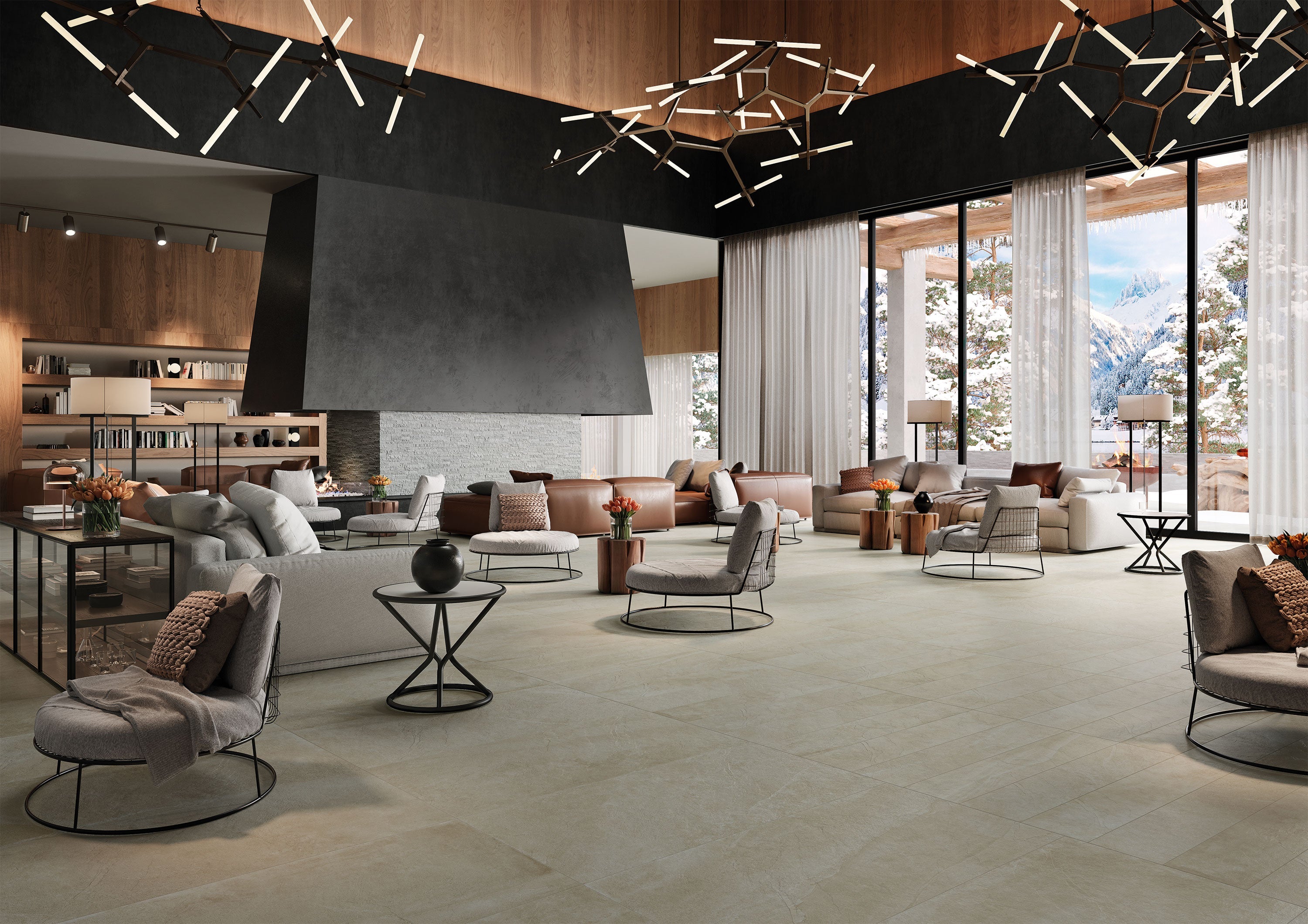 Elegant modern living room featuring Surface Group's Journey Collection porcelain tiles with natural stone finish, showcasing light beige flooring that complements the contemporary furniture and interior design.