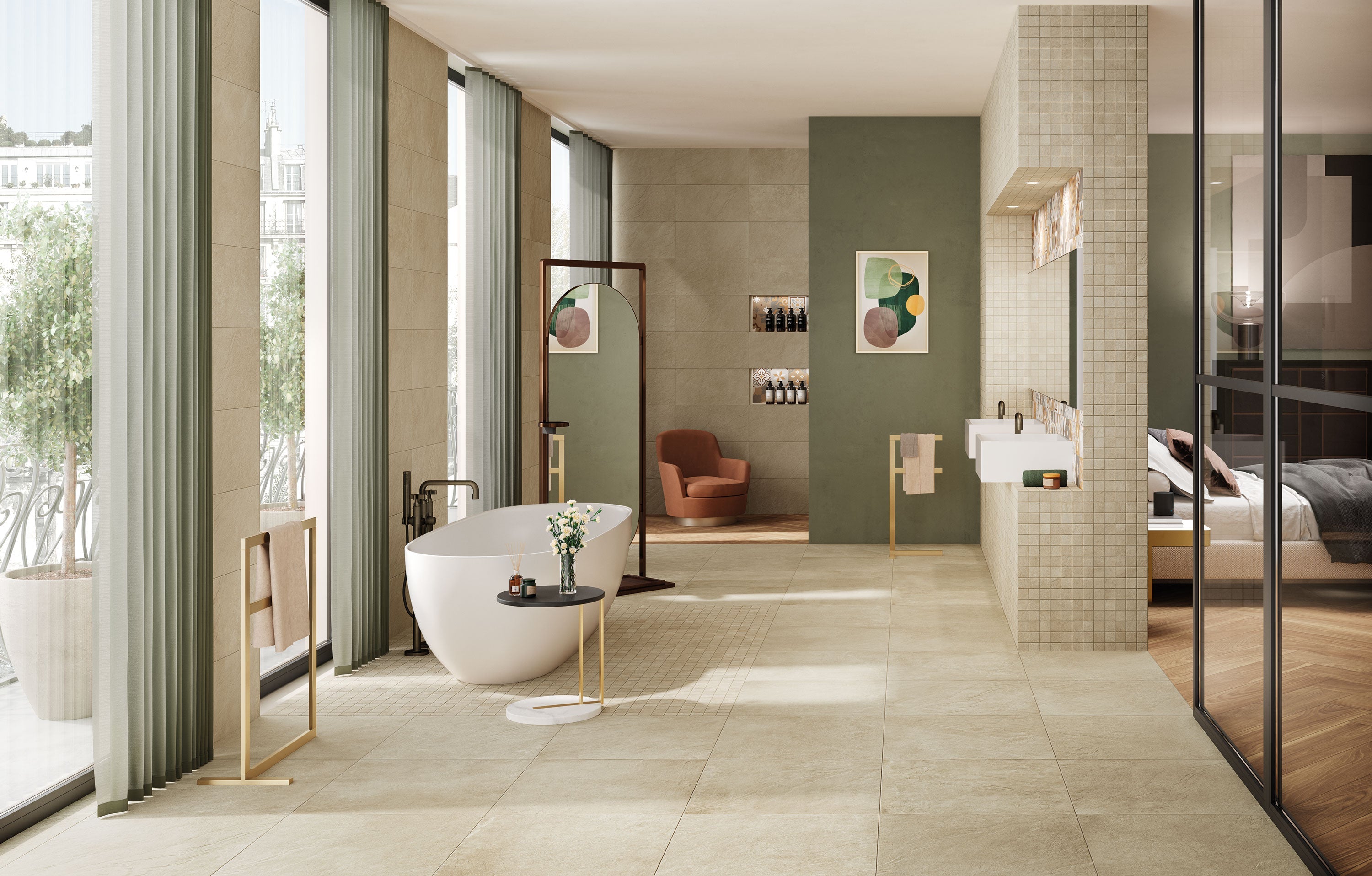 Luxurious bathroom with MadeIn porcelain tile collection by Surface Group, featuring elegant beige floor tiles and textured green wall tiles in a modern home setting.