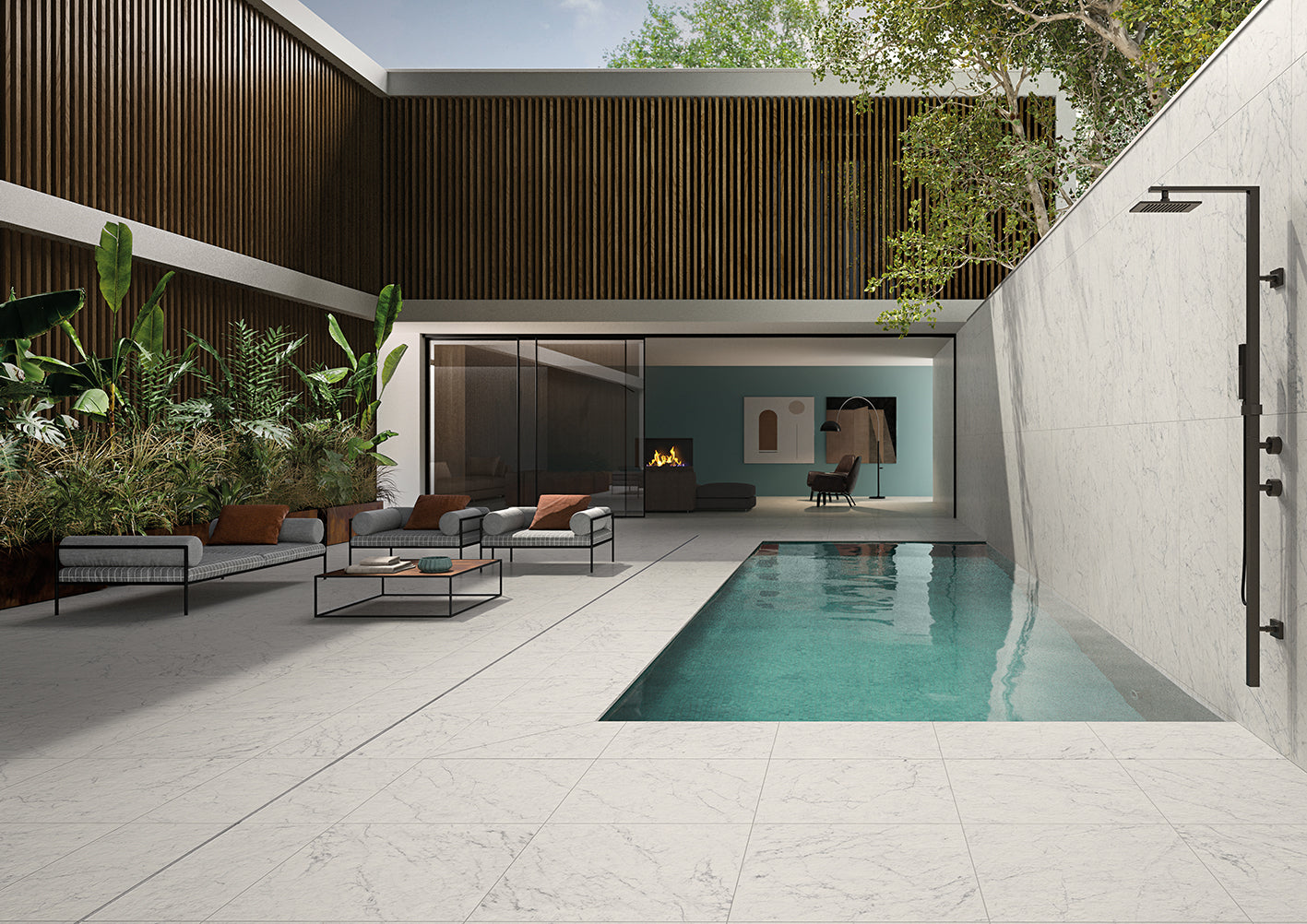 Luxurious white marble porcelain tile collection by Surface Group showcased in a modern outdoor patio setting with pool.
