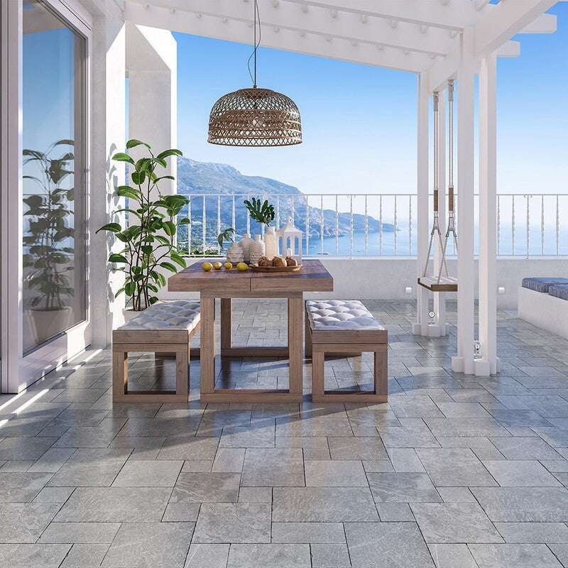 Elegant Marble Paving Versailles Pattern on the patio floor, showcasing rich textures and intricate interlocking design for luxurious flooring and paving.
