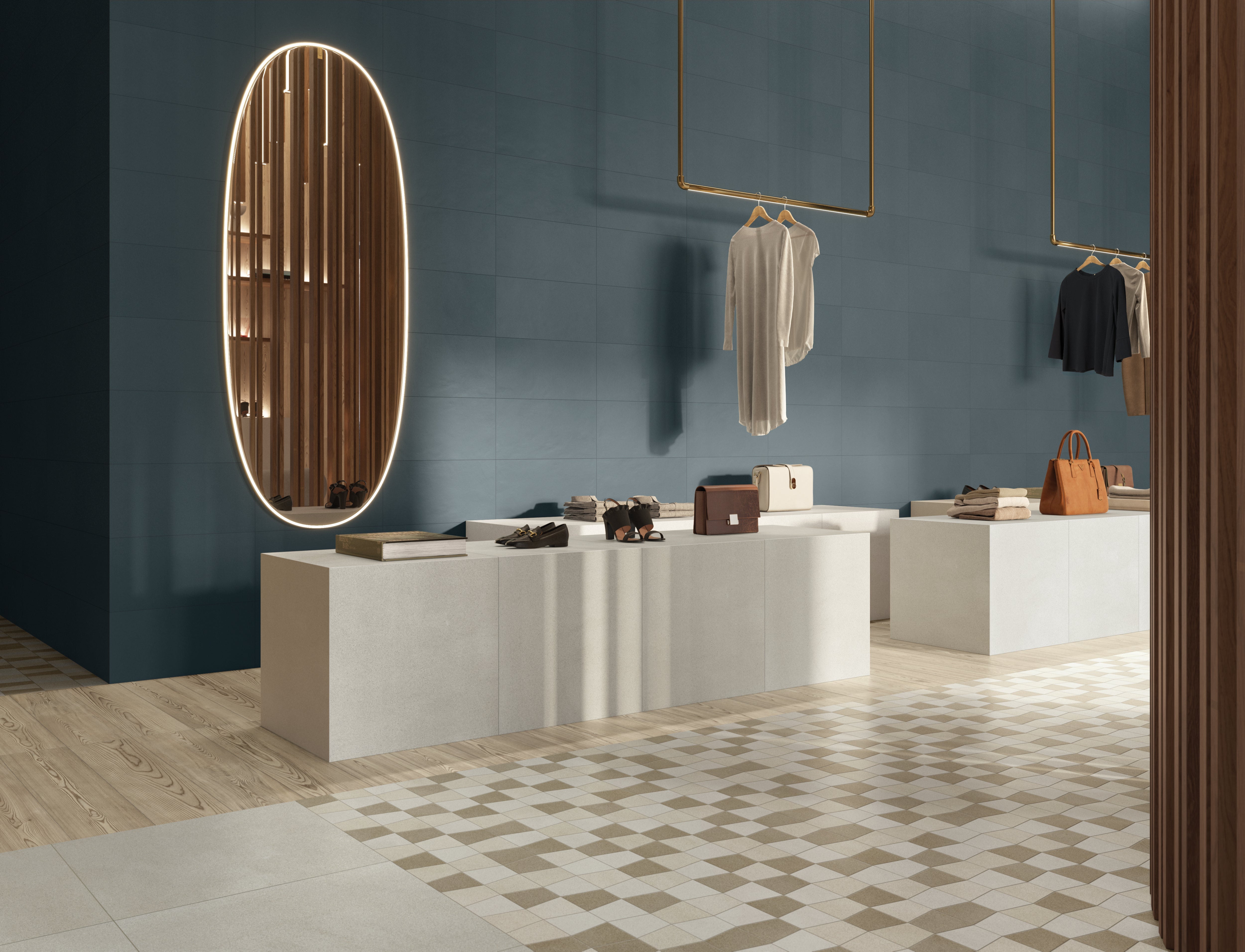 Porcelain tile collection from Surface Group featuring geometric patterns in a modern retail interior setting with elegant blue walls and wooden accents.