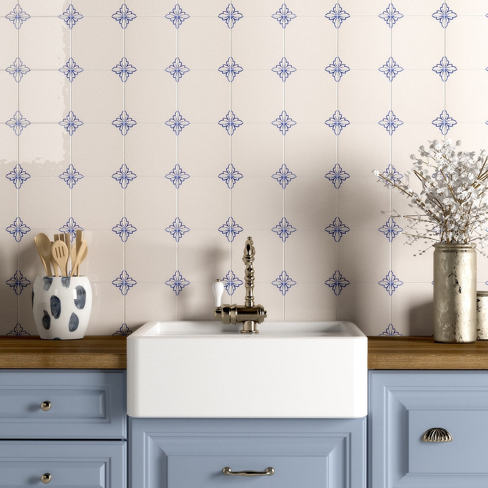 white ceramic tile kitchen wall with blue hand glazed decorative elements