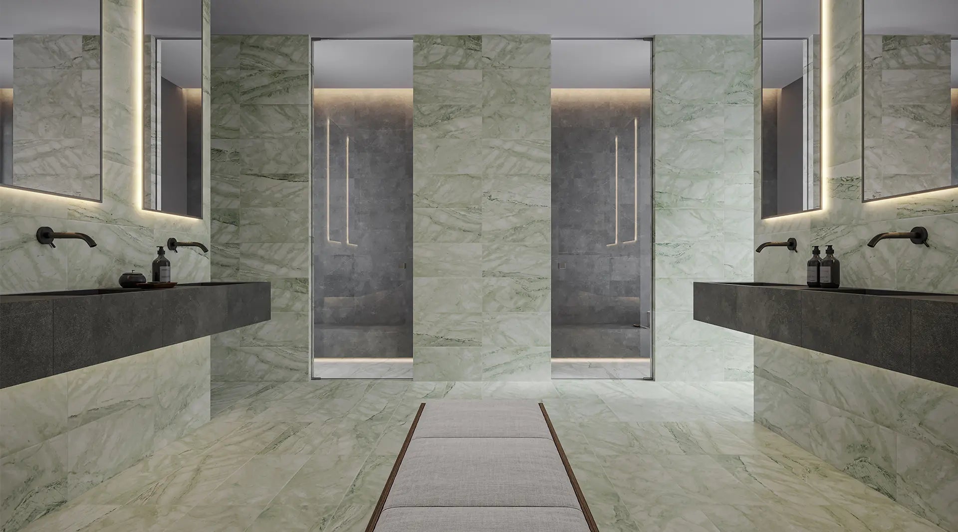 bathroom interior with walls and floors made of moscato argento light green marble tile