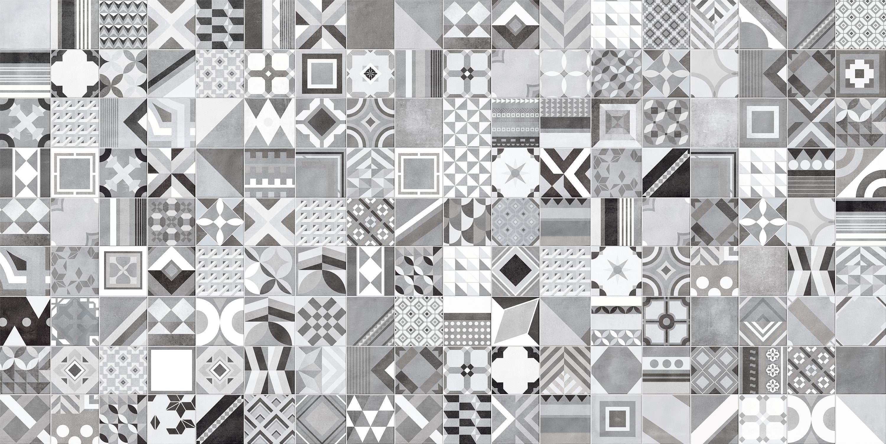 Assorted Portuguese patterned porcelain tiles in various geometric designs and monochromatic shades from Surface Group.