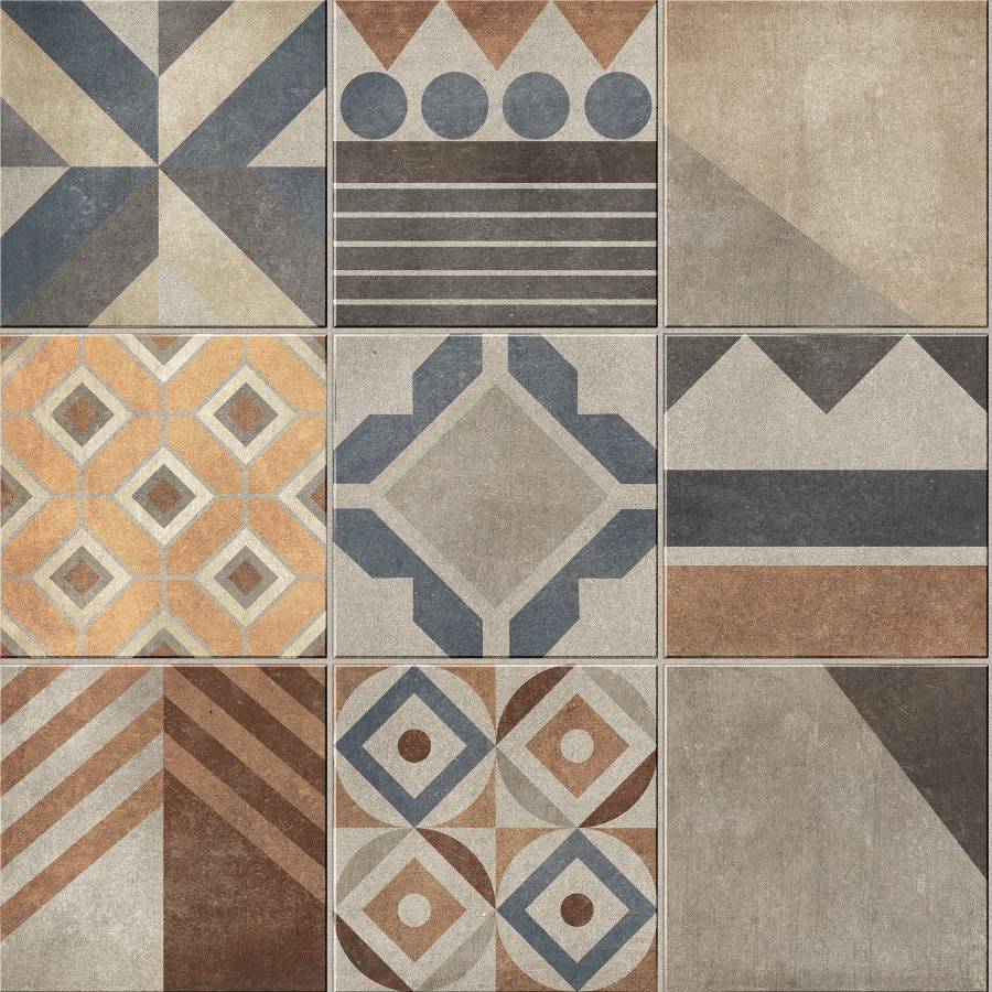 Porcelain tile with eclectic patterns in beige, blue, and brown tones.
