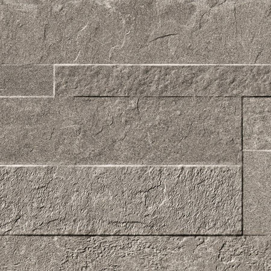 Porcelain ledgestone tile in various shades of gray with a textured finish.