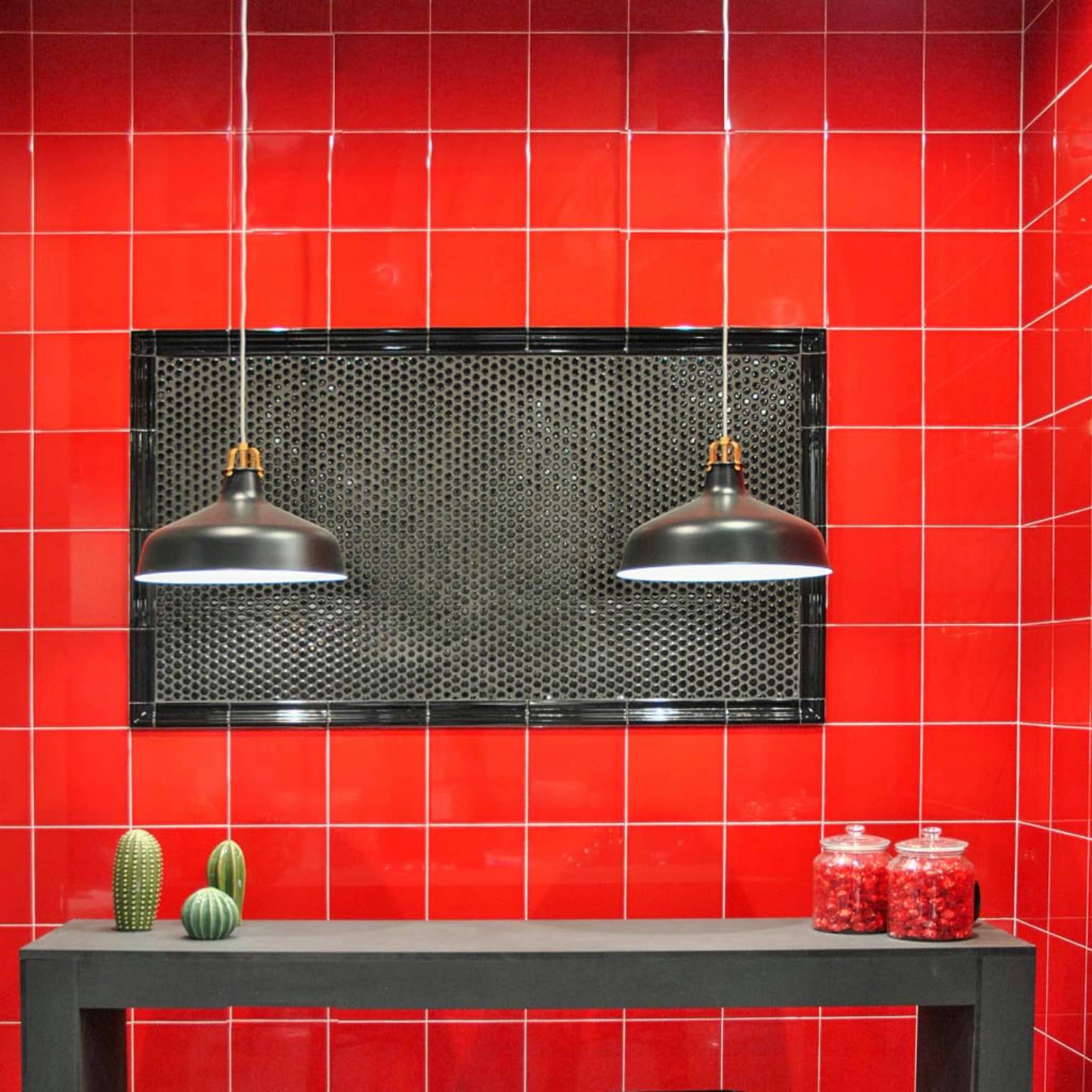red ceramic tile wall covering in restaurant interior
