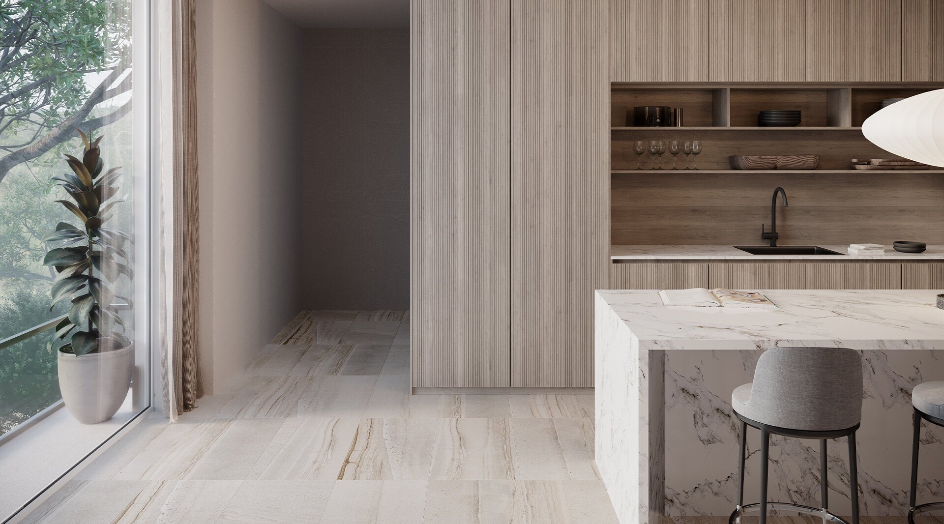 Elegant modern kitchen with Anatolia Amelia porcelain tile flooring and matching countertop, showcasing natural wood cabinetry and serene outdoor view.