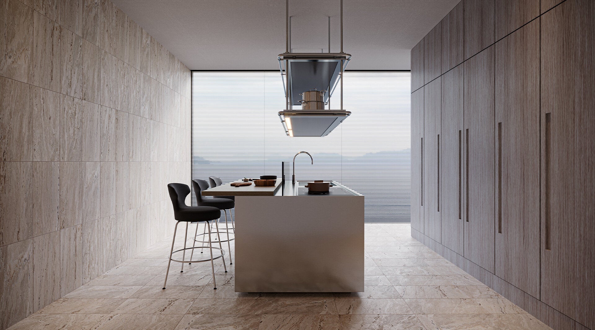 Modern kitchen interior featuring Anatolia Antico porcelain tile collection with beige stone texture on floor and walls, sleek white island, and pendant lighting.