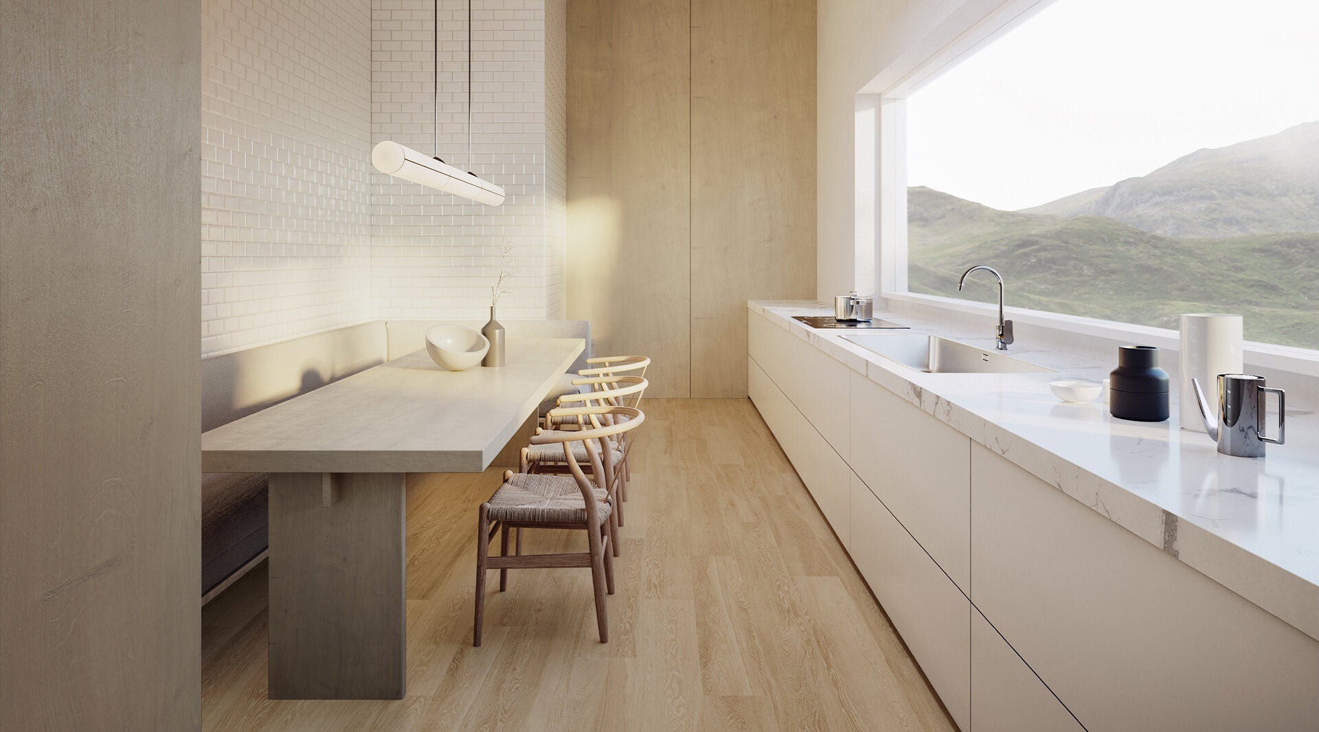 Modern minimalist kitchen with Anatolia Aspen Paper Birch porcelain tile collection, showcasing light wood-look tiles on floor and walls with natural light