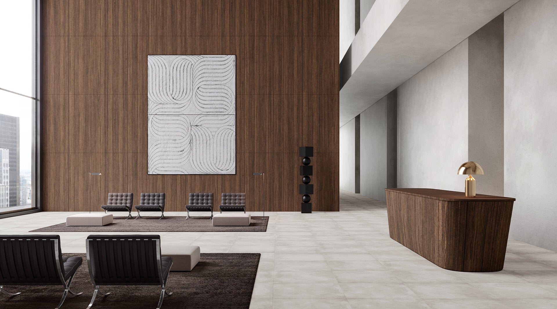 Modern minimalist interior featuring Anatolia Ceraforge porcelain tile collection with elegant wood-like wall tiles and large format floor tiles in a stylish office lobby