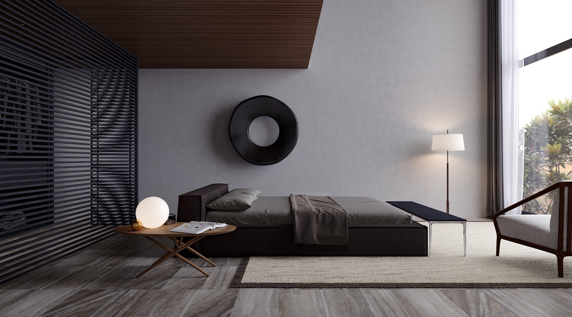 Modern minimalist bedroom interior showcasing Anatolia Form porcelain tile collection with sleek furniture and neutral color palette.