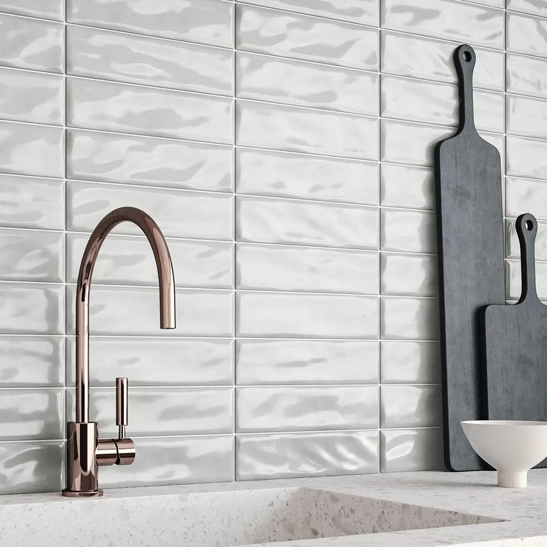 Modern kitchen backsplash featuring Anatolia Marlow Glazed Ceramic Tiles in a glossy finish, with reflective surfaces adding depth and elegance to the space.