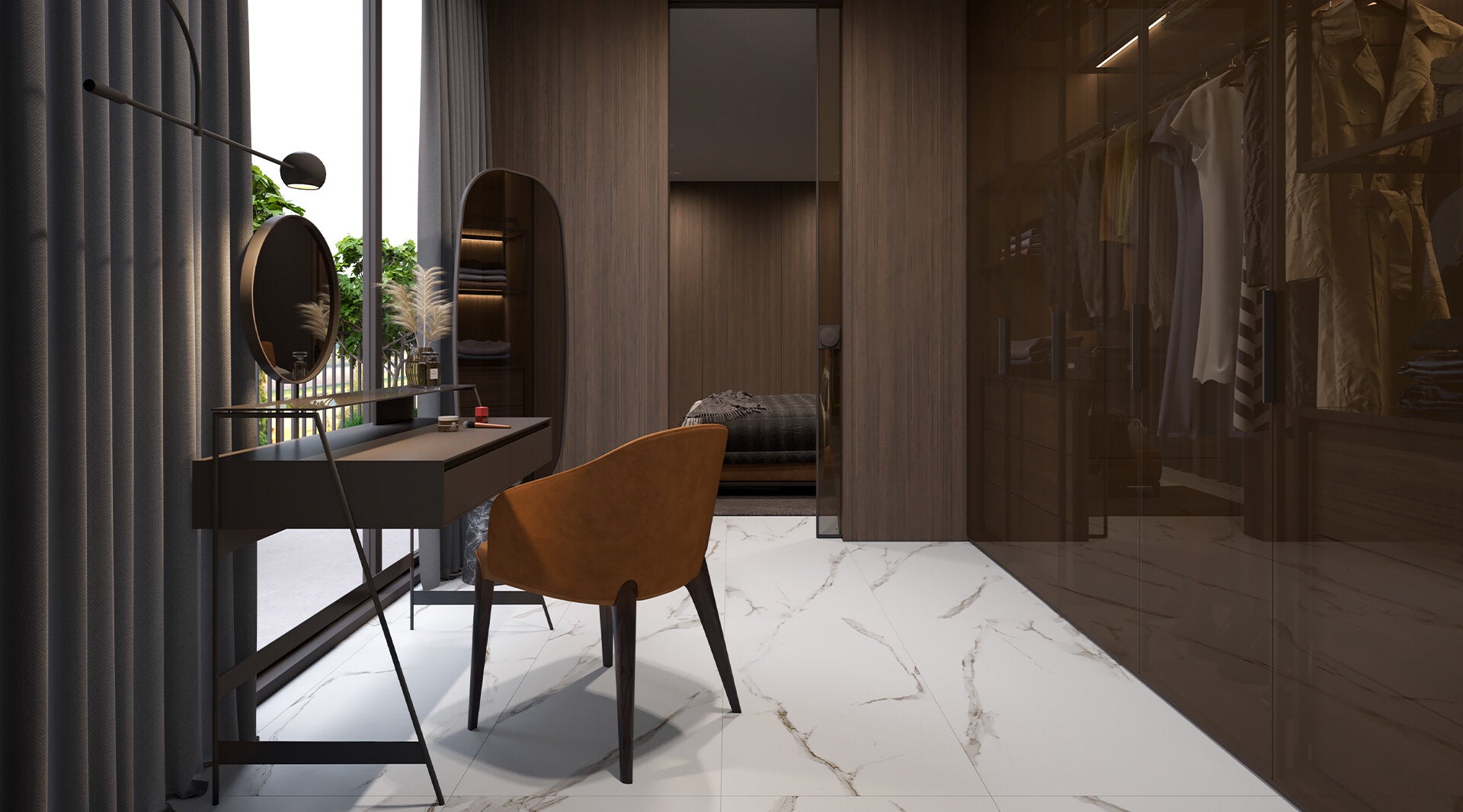 Elegant modern walk-in closet with Anatolia Mayfair porcelain tile flooring, showcasing white marble design with distinctive veining.