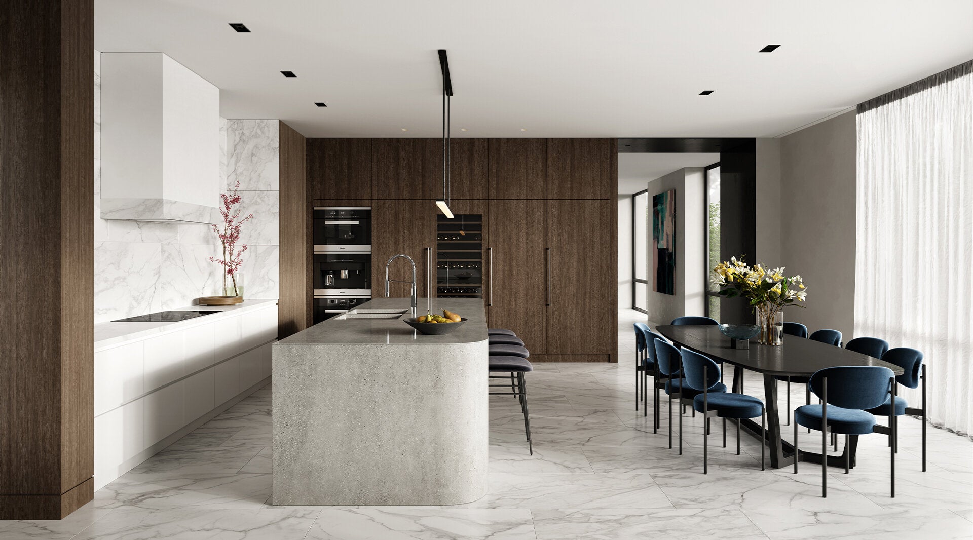 Elegant modern kitchen with Anatolia Plata porcelain tile flooring, featuring a central island, stainless steel appliances, and dark wood cabinetry.