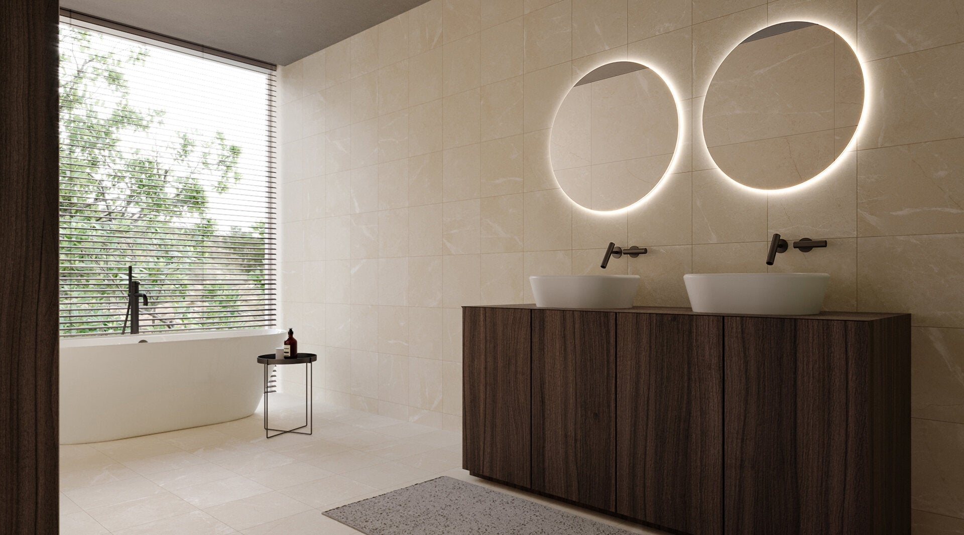 Elegant modern bathroom featuring Anatolia Torino porcelain tile collection with dual vessel sinks, illuminated circular mirrors, and a bathtub by a window.