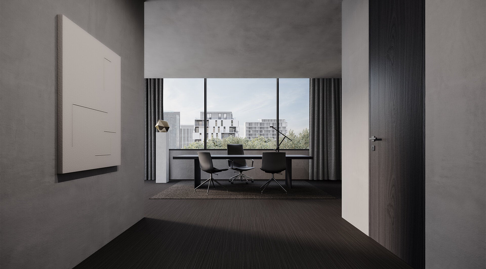 Modern minimalist dining room featuring Anatolia Zera Annex porcelain tile collection with sleek wood-look floors and textured wall tiles, showcasing contemporary interior design.