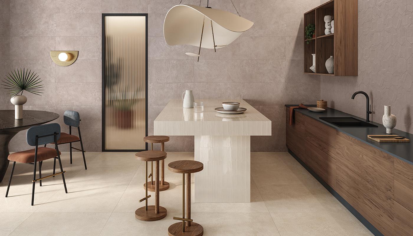 Modern kitchen interior showcasing Emilceramica Sixty Italian porcelain tile collection with elegant furniture and stylish decor.