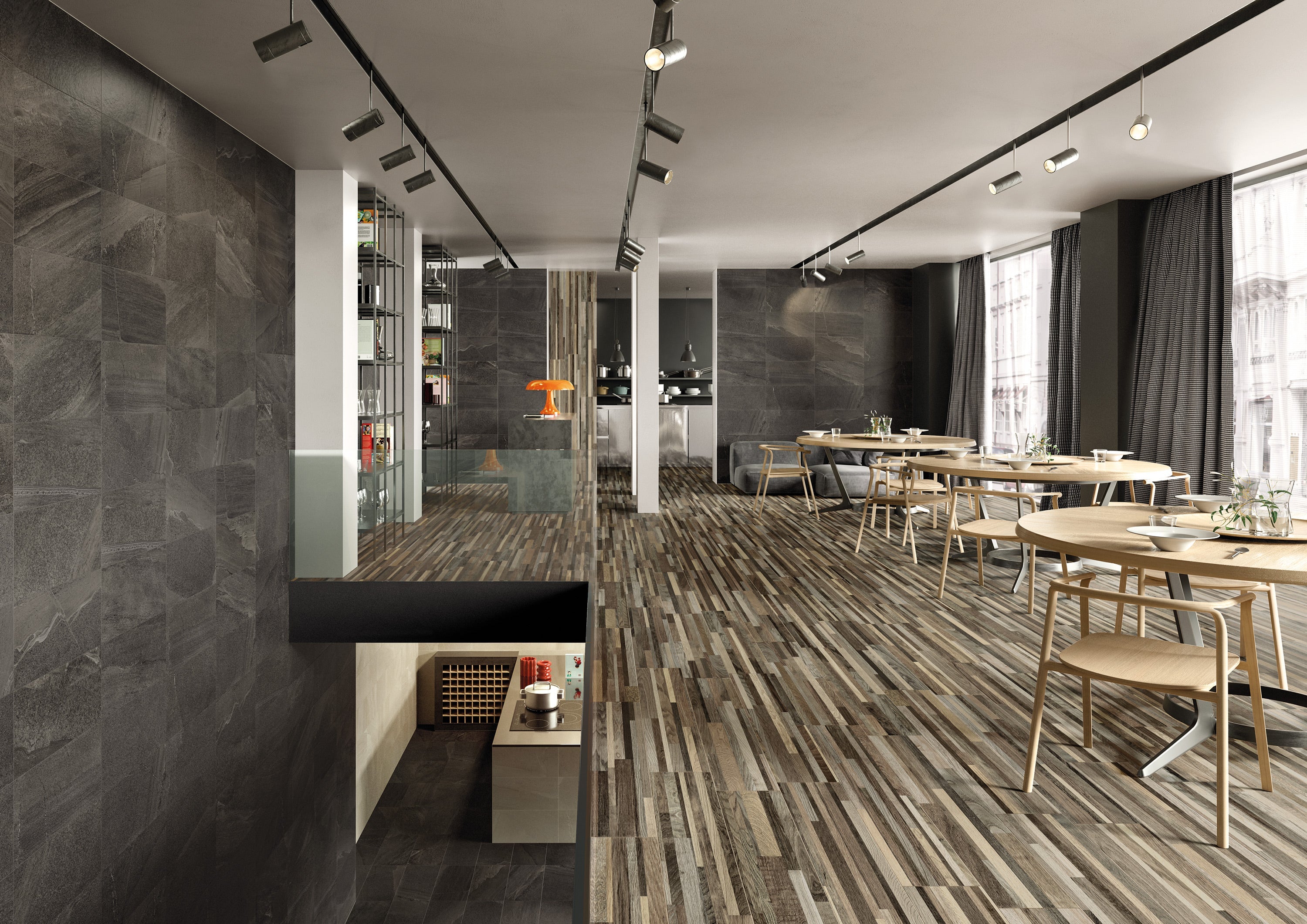 Porcelain tile collection from Surface Group featuring natural stone look in a modern commercial interior with mixed patterns and textures.