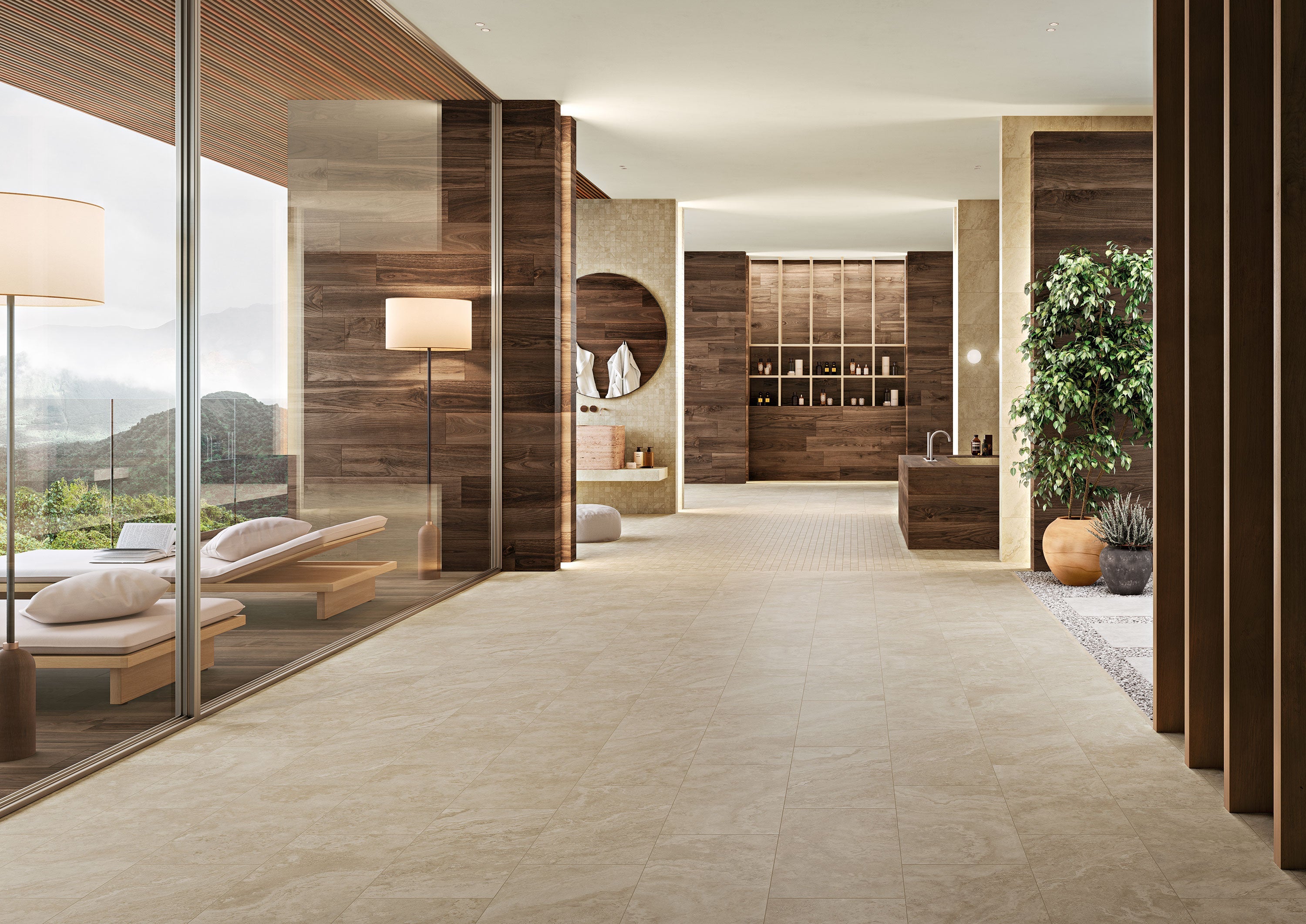 Luxurious porcelain tile collection from Surface Group showcasing a variety of textures and colors in a modern, well-lit bathroom setting with natural scenery visible through large windows.