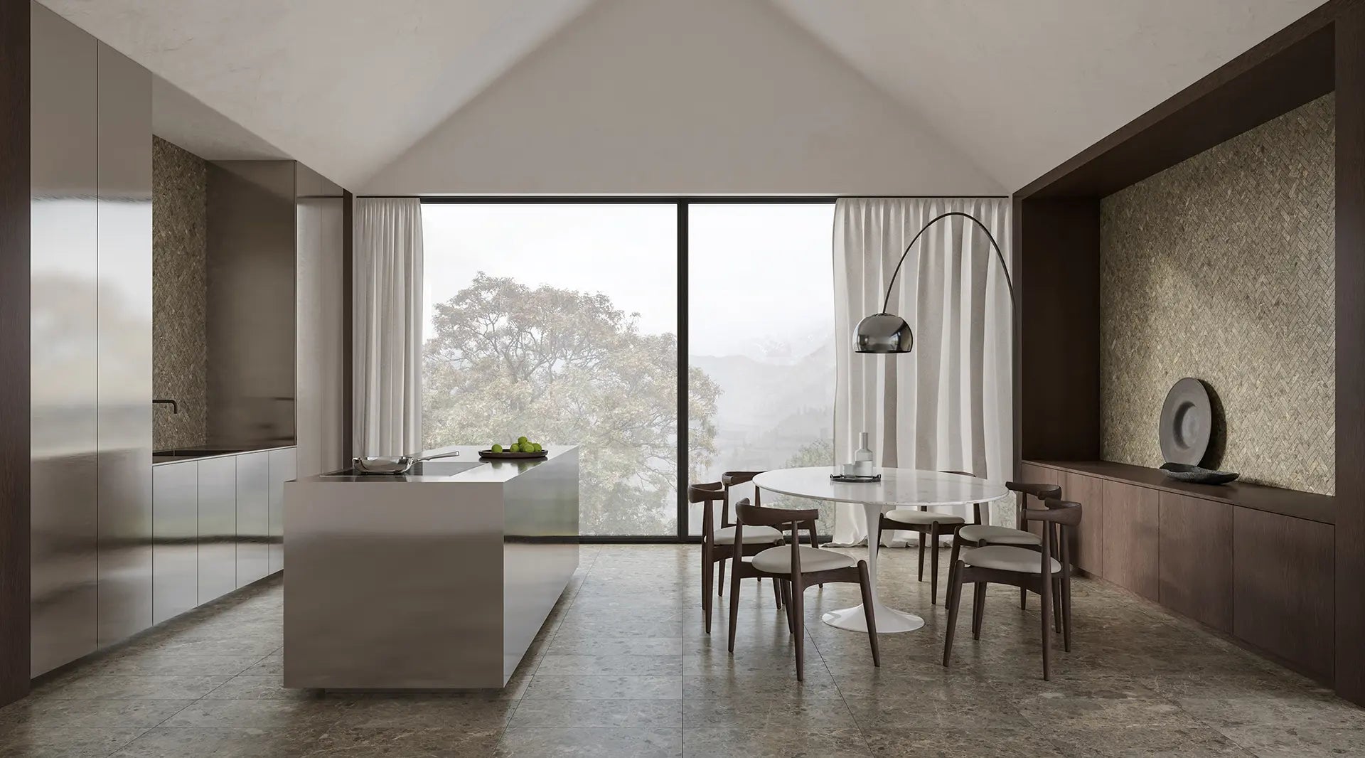 kitchen interior with velutto ash marble floor tile and wall herringbone mosaic, large window and sleek countertop