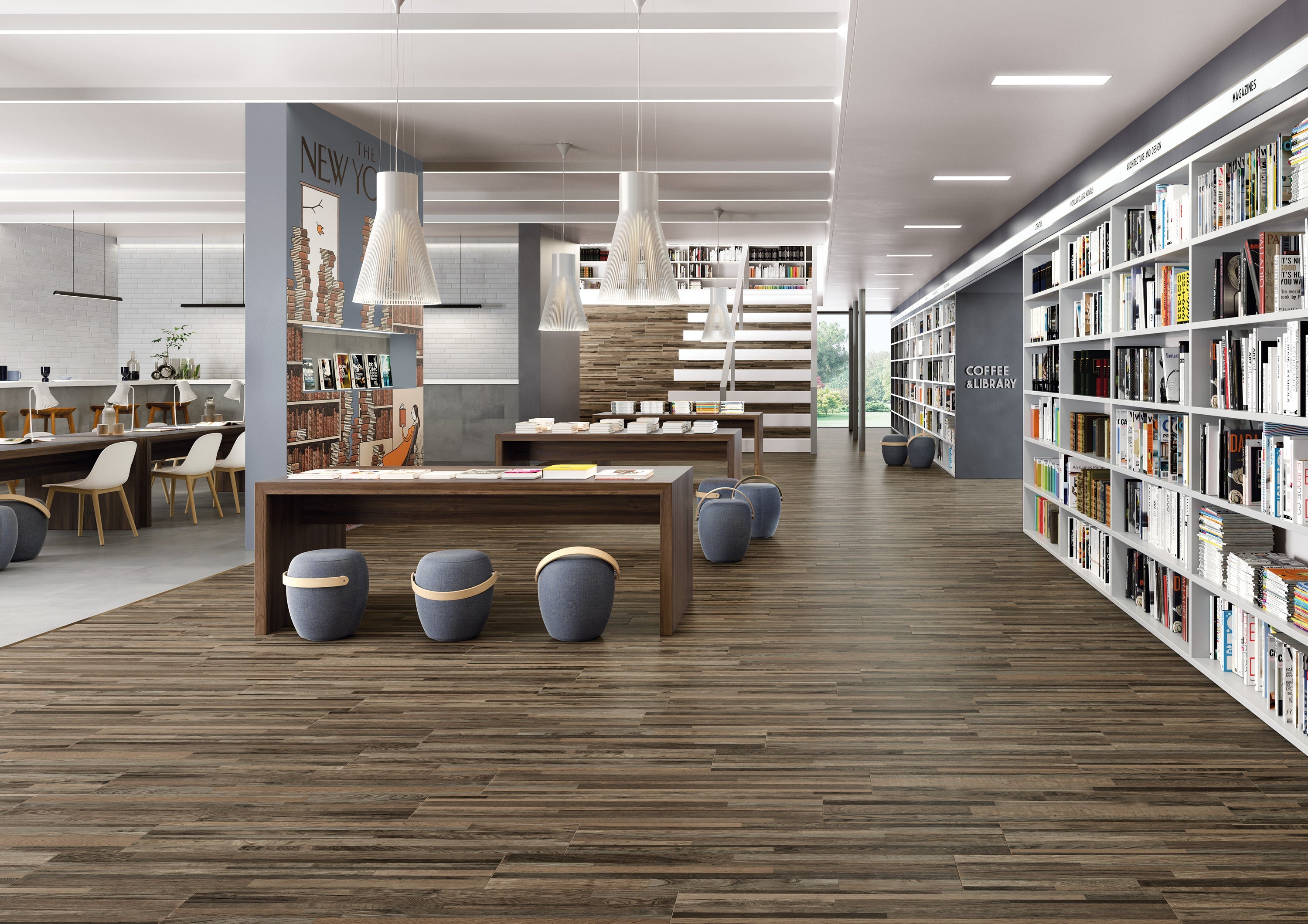 Porcelain tile flooring from Surface Group's Vision Collection in a modern library setting with wood-like finish.
