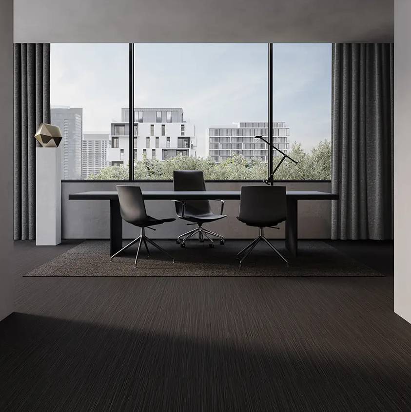 A modern office with a large window revealing an urban view, featuring a floor adorned with weave-textile-look porcelain tiles, a sleek desk with two chairs, and monochromatic decor.