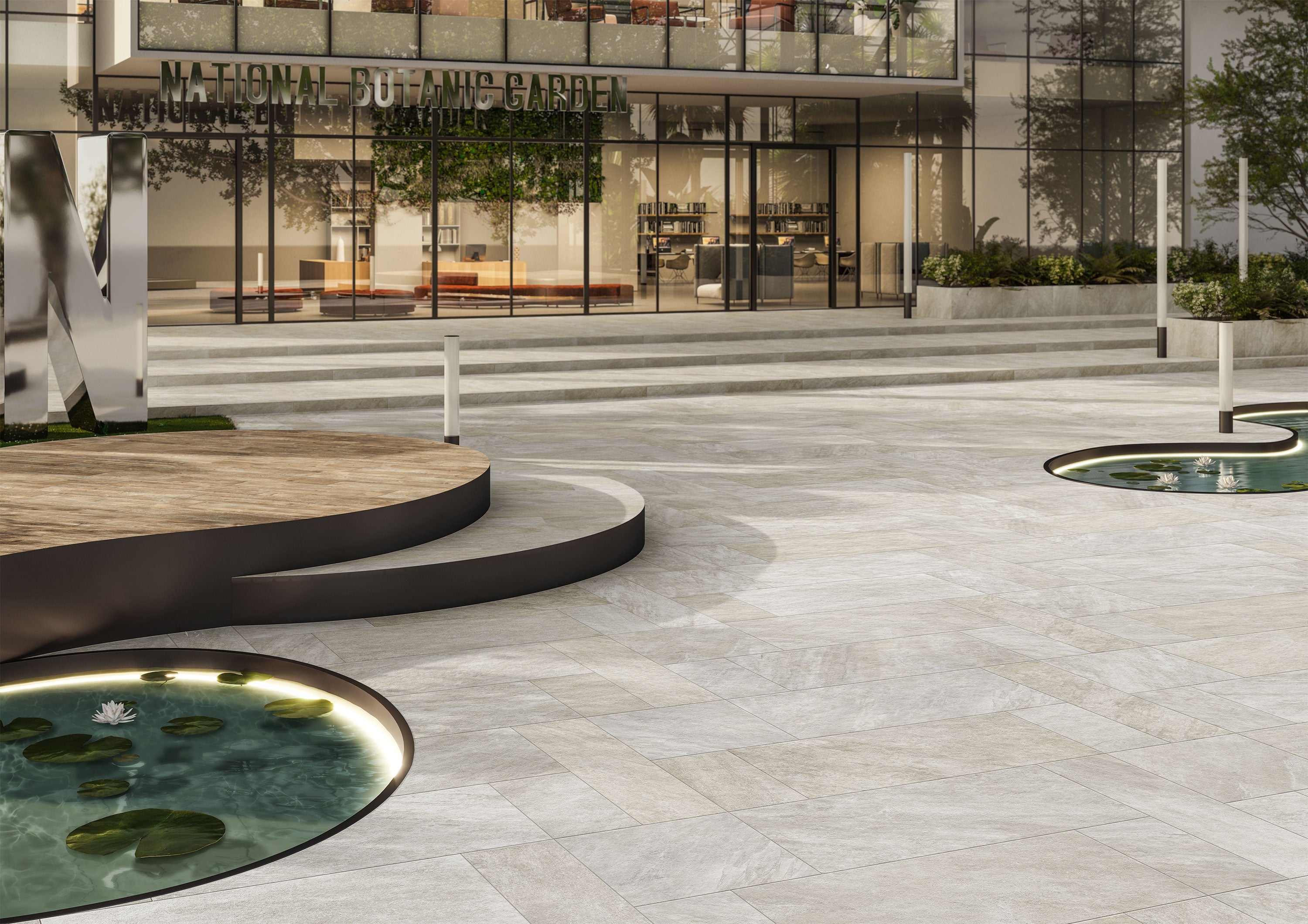 Porcelain tile collection with wood and stone textures by Surface Group displayed in a modern outdoor setting