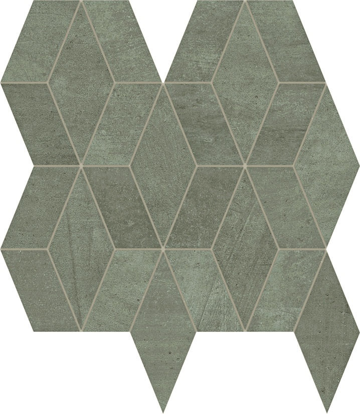 Matte green-gray diamond mosaic tiles with earthy warmth and organic texture, evoking handcrafted bohemian elegance.