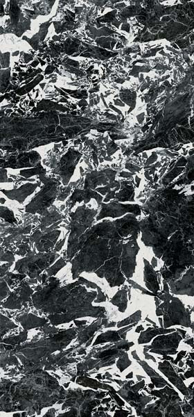 Luxurious black marble-look porcelain tile with dramatic veining and semi-gloss finish for refined, high-fashion interiors.