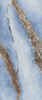 Luxurious blue onyx porcelain tile with dramatic veins and semi-glossy finish, evoking refined opulence and sensual depth.
