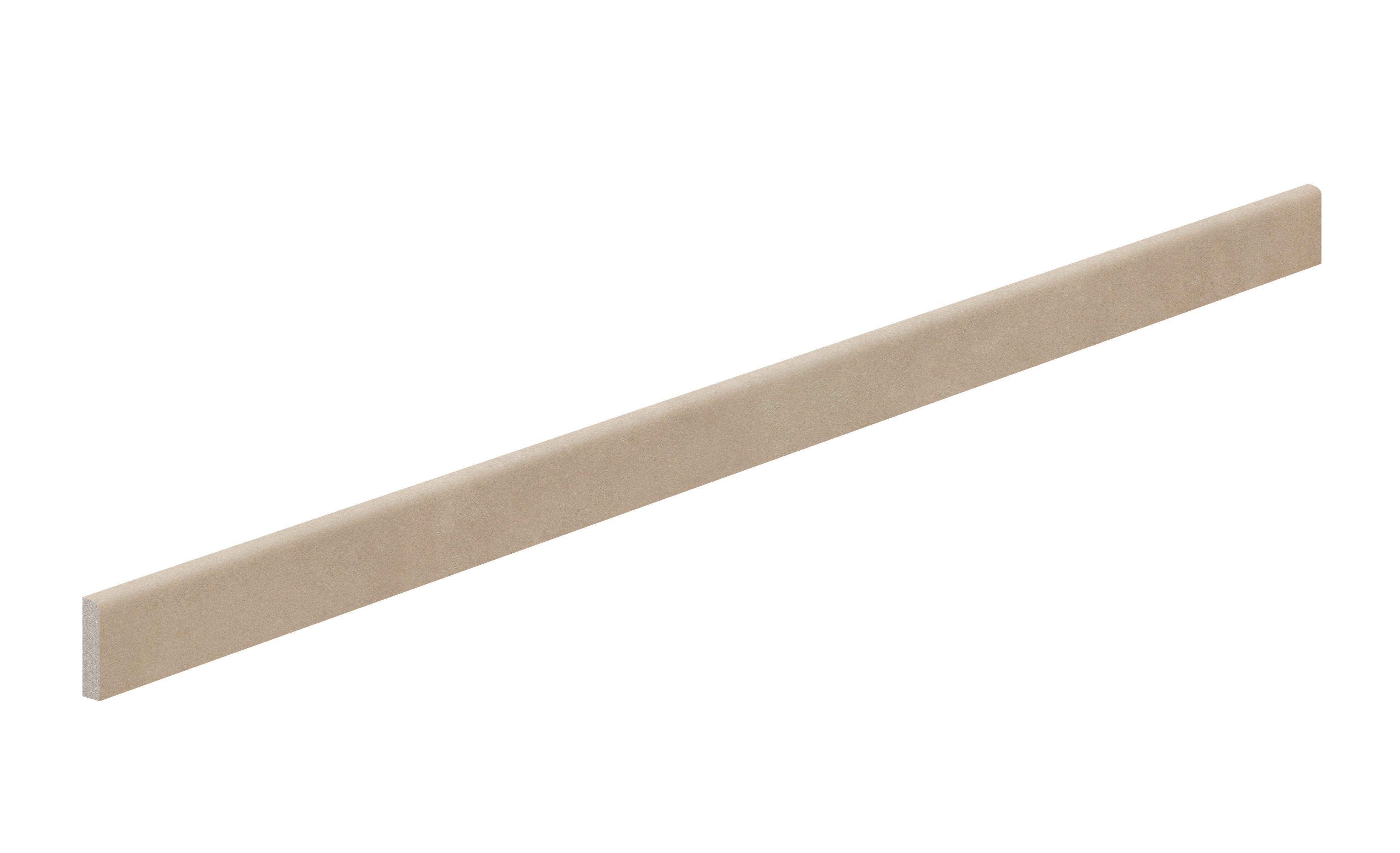 Sleek terracotta bullnose trim in warm, sunlit earth tones, smooth matte finish for minimalist luxury interiors.