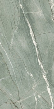 Luxurious Tiffany green marble-look porcelain tile with soft grey veining, matte finish, and refined rectified edges for elegant walls.