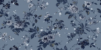 Matte blue porcelain wall tile with a refined contemporary deco pattern, exuding artistic elegance and warm sophistication.