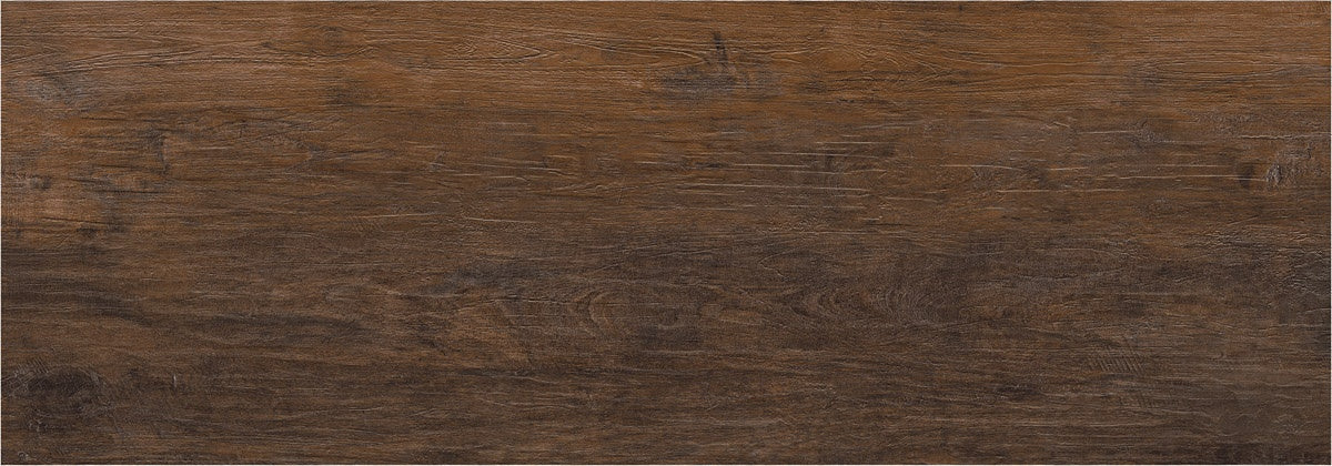 Dark brown porcelain tile with rich, textured reclaimed wood grain, evoking warmth and timeless rustic elegance in a matte finish.