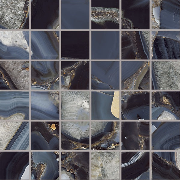 Luxurious blue agate-inspired porcelain mosaic with refined semi-matte finish, evoking timeless elegance and artistic depth.